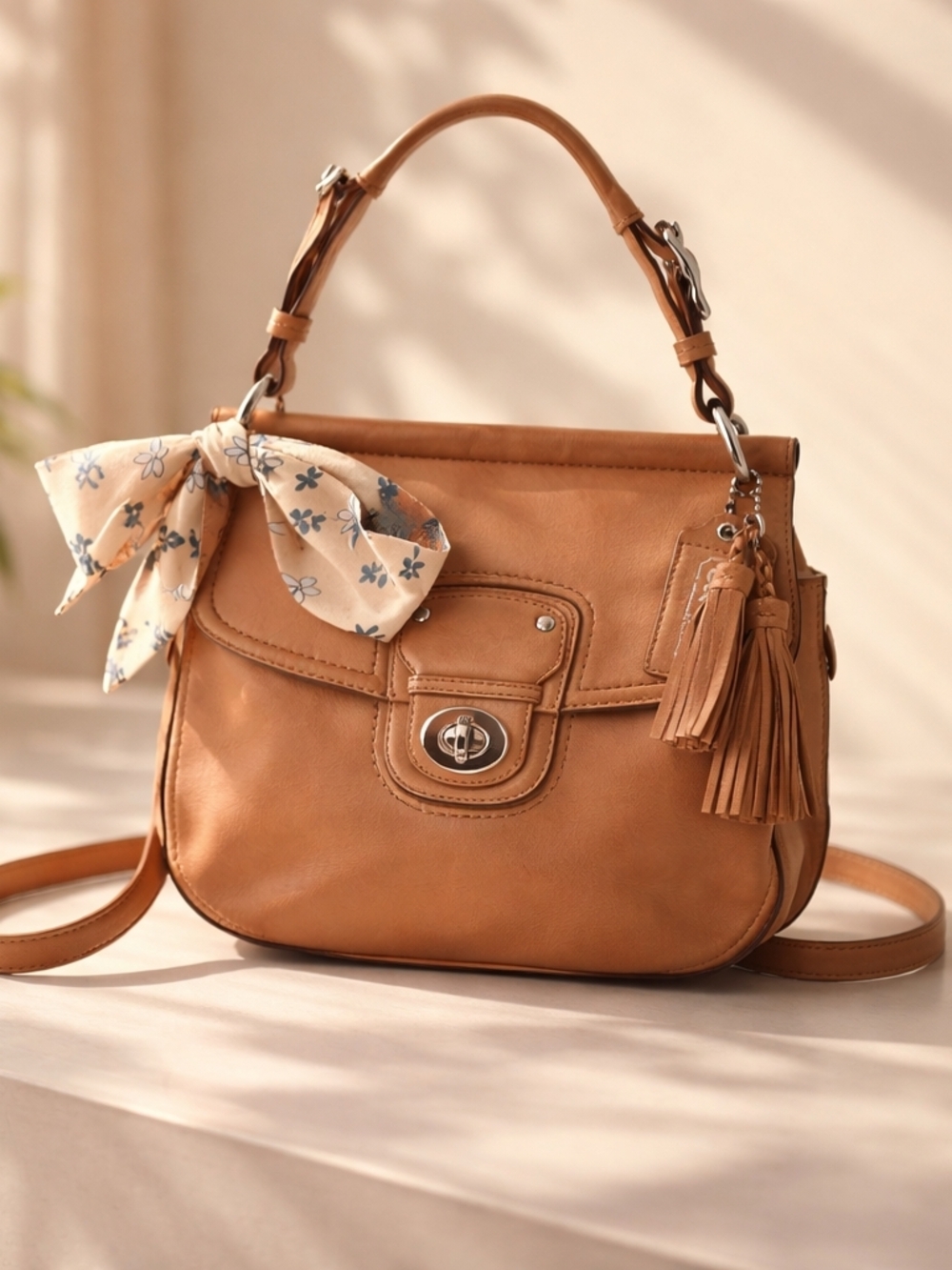 Vtg Coach Tan Leather Shoulder Bag with Floral Scarf and Tassels